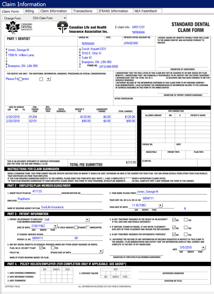 Claim forms dental software screen shot